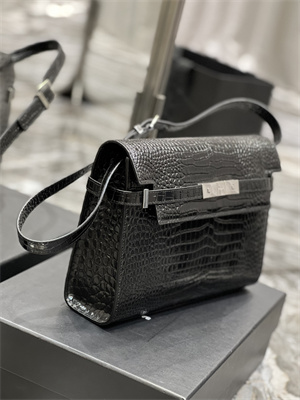 Y.S.L MANHATTAN Shoulder Bag In Black Shinny Crocodile Embossed Leather Silver Tone Metal