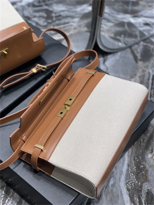 Y.S.L MANHATTAN Shoulder Bag In Cotton Canvas and Brown Smooth Leather