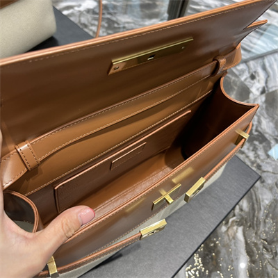 Y.S.L MANHATTAN Shoulder Bag In Cotton Canvas and Brown Smooth Leather