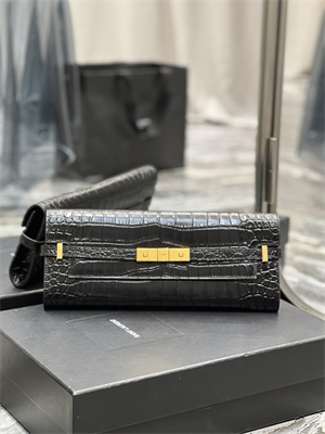 Y.S.L MANHATTAN CLUTCH In Shinny Crocodile Embossed Leather Black Color