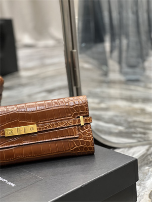 Y.S.L MANHATTAN CLUTCH In Shinny Crocodile Embossed Leather Brown Color