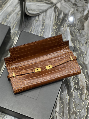 Y.S.L MANHATTAN CLUTCH In Shinny Crocodile Embossed Leather Brown Color