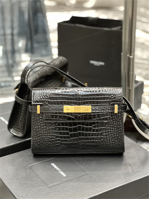 Y.S.L MANHATTAN SMALL Shoulder Bag In Shinny Crocodile Embossed Leather Black Color
