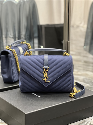 Y.S.L COLLEGE MEDIUM BAG IN QUILTED COTTON and LINEN Gold Tone Metal Navy Color