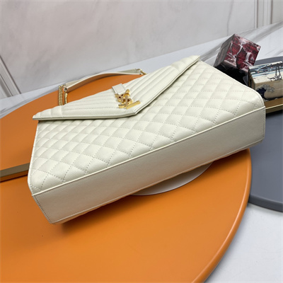 Y.S.L ENVELOPE LARGE IN QUILTED GRAIN DE POUDRE EMBOSSED LEATHER Gold Tone Metal White Color