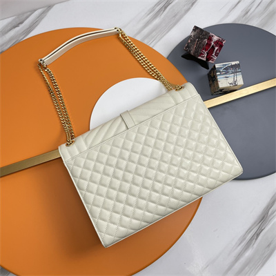 Y.S.L ENVELOPE LARGE IN QUILTED GRAIN DE POUDRE EMBOSSED LEATHER Gold Tone Metal White Color