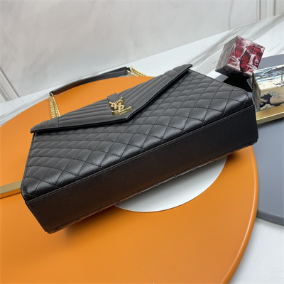 Y.S.L ENVELOPE LARGE IN QUILTED GRAIN DE POUDRE EMBOSSED LEATHER Gold Tone Metal Black Color