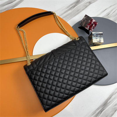 Y.S.L ENVELOPE LARGE IN QUILTED GRAIN DE POUDRE EMBOSSED LEATHER Gold Tone Metal Black Color