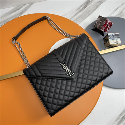 Y.S.L ENVELOPE LARGE IN QUILTED GRAIN DE POUDRE EMBOSSED LEATHER Silver Tone Metal Black Color
