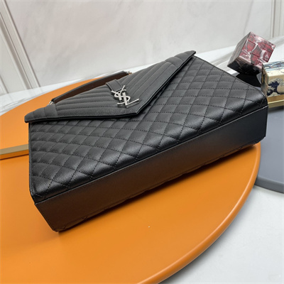 Y.S.L ENVELOPE LARGE IN QUILTED GRAIN DE POUDRE EMBOSSED LEATHER Silver Tone Metal Black Color