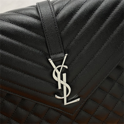 Y.S.L ENVELOPE LARGE IN QUILTED GRAIN DE POUDRE EMBOSSED LEATHER Silver Tone Metal Black Color