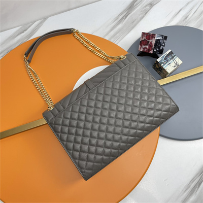 Y.S.L ENVELOPE LARGE IN QUILTED GRAIN DE POUDRE EMBOSSED LEATHER Gold Tone Metal Dk Grey Color