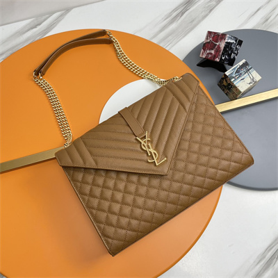 Y.S.L ENVELOPE LARGE IN QUILTED GRAIN DE POUDRE EMBOSSED LEATHER Gold Tone Metal Caramel Color