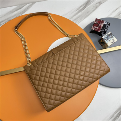 Y.S.L ENVELOPE LARGE IN QUILTED GRAIN DE POUDRE EMBOSSED LEATHER Gold Tone Metal Caramel Color