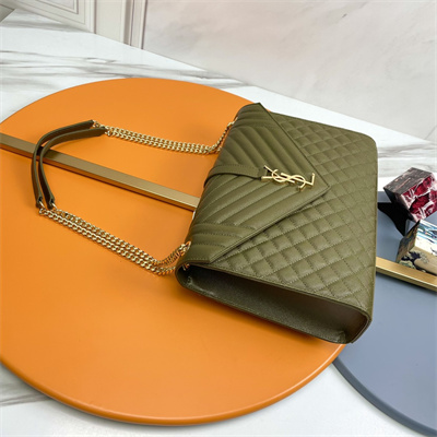 Y.S.L ENVELOPE LARGE IN QUILTED GRAIN DE POUDRE EMBOSSED LEATHER Gold Tone Metal Dk Green Color