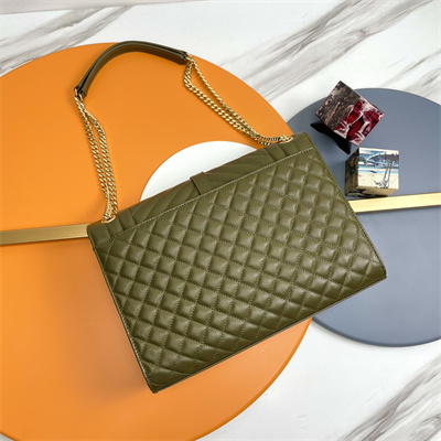 Y.S.L ENVELOPE LARGE IN QUILTED GRAIN DE POUDRE EMBOSSED LEATHER Gold Tone Metal Dk Green Color