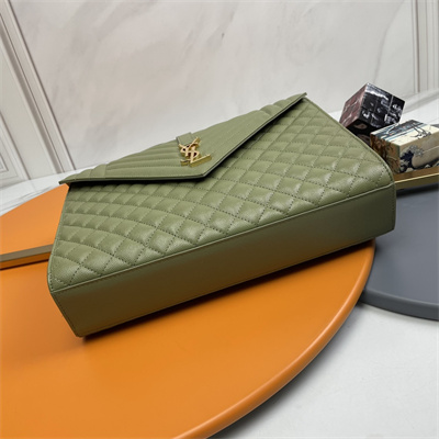 Y.S.L ENVELOPE LARGE IN QUILTED GRAIN DE POUDRE EMBOSSED LEATHER Gold Tone Metal Green Color