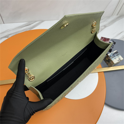 Y.S.L ENVELOPE LARGE IN QUILTED GRAIN DE POUDRE EMBOSSED LEATHER Gold Tone Metal Green Color