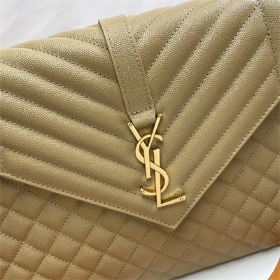 Y.S.L ENVELOPE LARGE IN QUILTED GRAIN DE POUDRE EMBOSSED LEATHER Gold Tone Metal Beige Color