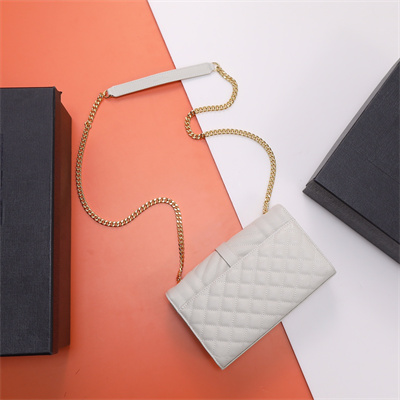 Y.S.L ENVELOPE SMALL IN QUILTED GRAIN DE POUDRE EMBOSSED LEATHER Gold Tone Metal White Color