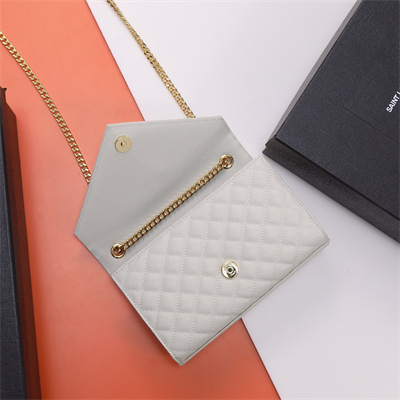 Y.S.L ENVELOPE SMALL IN QUILTED GRAIN DE POUDRE EMBOSSED LEATHER Gold Tone Metal White Color
