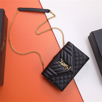 Y.S.L ENVELOPE SMALL IN QUILTED GRAIN DE POUDRE EMBOSSED LEATHER Gold Tone Metal Black Color