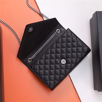 Y.S.L ENVELOPE SMALL IN QUILTED GRAIN DE POUDRE EMBOSSED LEATHER Silver Tone Metal Black Color