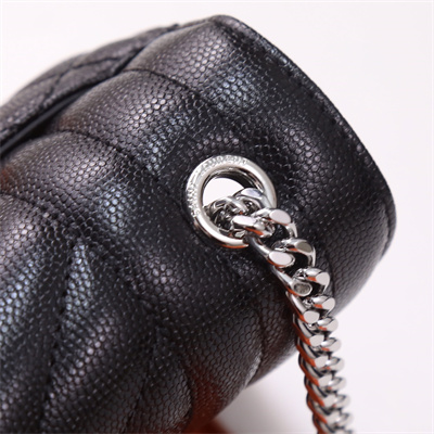 Y.S.L ENVELOPE SMALL IN QUILTED GRAIN DE POUDRE EMBOSSED LEATHER Silver Tone Metal Black Color