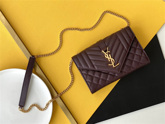 Y.S.L ENVELOPE SMALL IN QUILTED GRAIN DE POUDRE EMBOSSED LEATHER Gold Tone Metal Burgundy Color