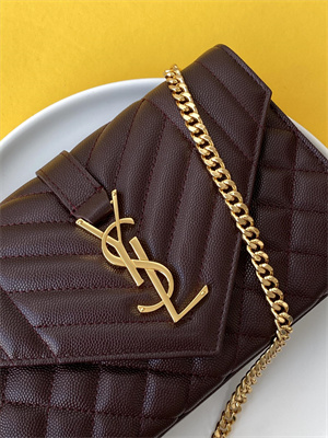 Y.S.L ENVELOPE SMALL IN QUILTED GRAIN DE POUDRE EMBOSSED LEATHER Gold Tone Metal Burgundy Color