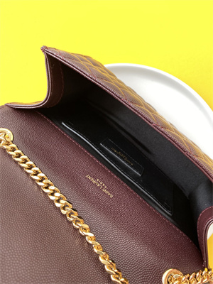 Y.S.L ENVELOPE SMALL IN QUILTED GRAIN DE POUDRE EMBOSSED LEATHER Gold Tone Metal Burgundy Color