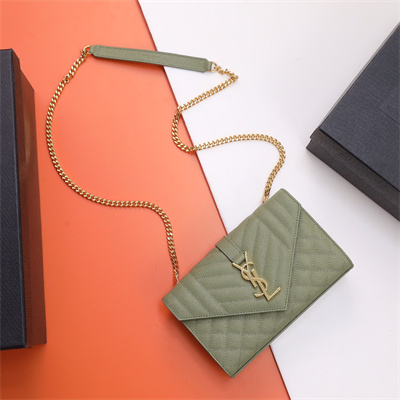 Y.S.L ENVELOPE SMALL IN QUILTED GRAIN DE POUDRE EMBOSSED LEATHER Gold Tone Metal Green Color