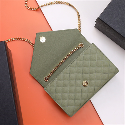 Y.S.L ENVELOPE SMALL IN QUILTED GRAIN DE POUDRE EMBOSSED LEATHER Gold Tone Metal Green Color