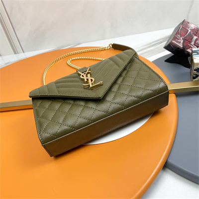 Y.S.L ENVELOPE SMALL IN QUILTED GRAIN DE POUDRE EMBOSSED LEATHER Gold Tone Metal Dk Green Color