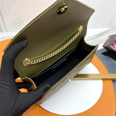 Y.S.L ENVELOPE SMALL IN QUILTED GRAIN DE POUDRE EMBOSSED LEATHER Gold Tone Metal Dk Green Color