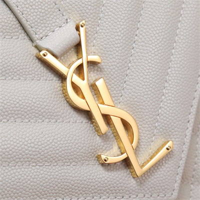 Y.S.L ENVELOPE MEDIUM IN QUILTED GRAIN DE POUDRE EMBOSSED LEATHER Gold Tone Metal White Color