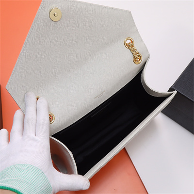 Y.S.L ENVELOPE MEDIUM IN QUILTED GRAIN DE POUDRE EMBOSSED LEATHER Gold Tone Metal White Color