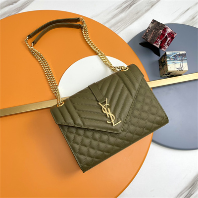 Y.S.L ENVELOPE MEDIUM IN QUILTED GRAIN DE POUDRE EMBOSSED LEATHER Gold Tone Metal Dk Green Color