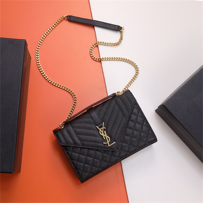 Y.S.L ENVELOPE MEDIUM IN QUILTED GRAIN DE POUDRE EMBOSSED LEATHER Gold Tone Metal Black Color