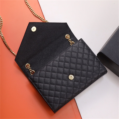 Y.S.L ENVELOPE MEDIUM IN QUILTED GRAIN DE POUDRE EMBOSSED LEATHER Gold Tone Metal Black Color