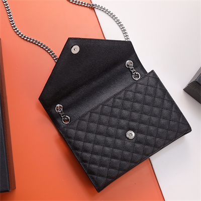 Y.S.L ENVELOPE MEDIUM IN QUILTED GRAIN DE POUDRE EMBOSSED LEATHER Silver Tone Metal Black Color