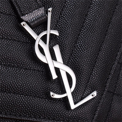 Y.S.L ENVELOPE MEDIUM IN QUILTED GRAIN DE POUDRE EMBOSSED LEATHER Silver Tone Metal Black Color