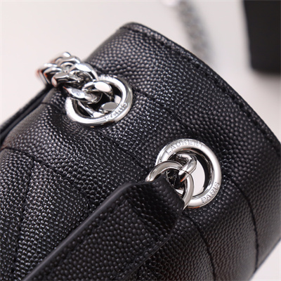 Y.S.L ENVELOPE MEDIUM IN QUILTED GRAIN DE POUDRE EMBOSSED LEATHER Silver Tone Metal Black Color