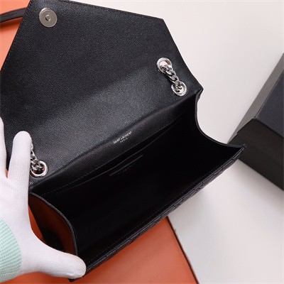 Y.S.L ENVELOPE MEDIUM IN QUILTED GRAIN DE POUDRE EMBOSSED LEATHER Silver Tone Metal Black Color