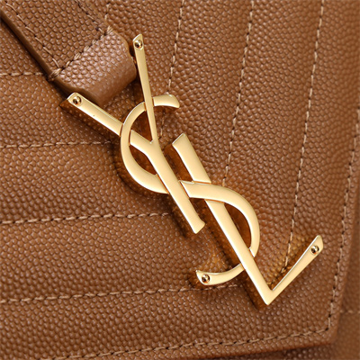 Y.S.L ENVELOPE MEDIUM IN QUILTED GRAIN DE POUDRE EMBOSSED LEATHER Gold Tone Metal Caramel Color
