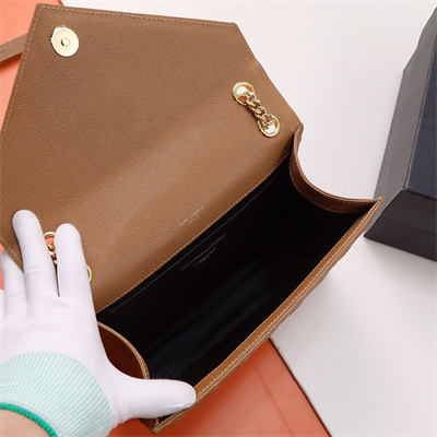 Y.S.L ENVELOPE MEDIUM IN QUILTED GRAIN DE POUDRE EMBOSSED LEATHER Gold Tone Metal Caramel Color