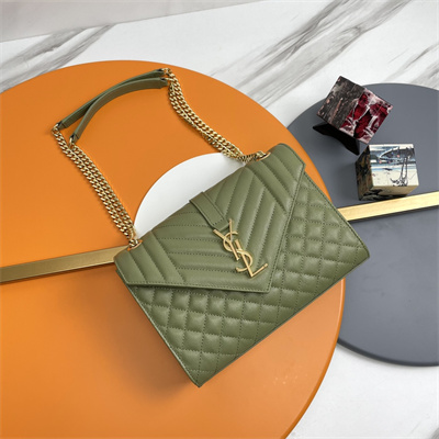 Y.S.L ENVELOPE MEDIUM IN QUILTED GRAIN DE POUDRE EMBOSSED LEATHER Gold Tone Metal Green Color