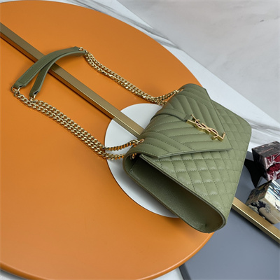 Y.S.L ENVELOPE MEDIUM IN QUILTED GRAIN DE POUDRE EMBOSSED LEATHER Gold Tone Metal Green Color