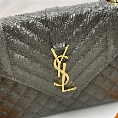Y.S.L ENVELOPE MEDIUM IN QUILTED GRAIN DE POUDRE EMBOSSED LEATHER Gold Tone Metal Dk Grey Color