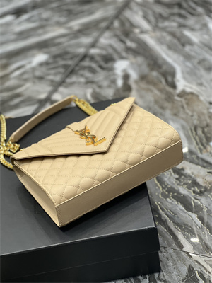 Y.S.L ENVELOPE MEDIUM IN QUILTED GRAIN DE POUDRE EMBOSSED LEATHER Gold Tone Metal Beige Color